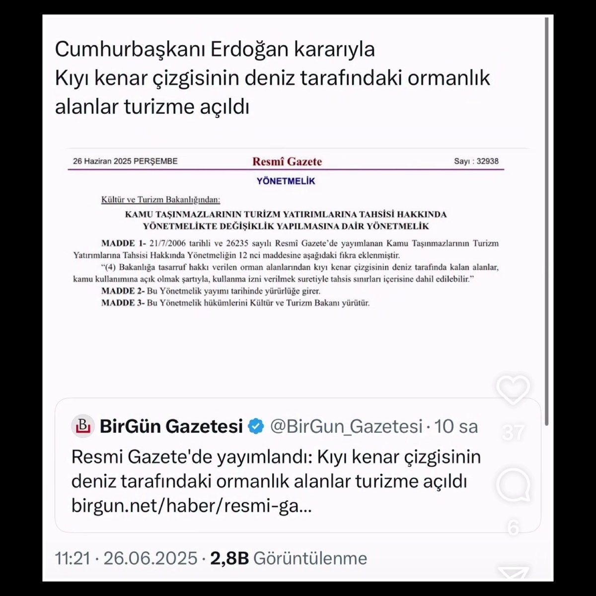 Haberin_Aslı (@haberin_asli2) on Twitter photo Cumhurbaşkanı Erdoğan'ın kararıyla kıyı kenar çizgisinin Deniz tarafındaki ormanlık alanlar turizme açıldı.
<a href="/BirGun_Gazetesi/">BirGün Gazetesi</a> Cumhurbaşkanı Erdoğan'ın kararıyla kıyı kenar çizgisinin Deniz tarafındaki ormanlık alanlar turizme açıldı.
<a href="/BirGun_Gazetesi/">BirGün Gazetesi</a>
