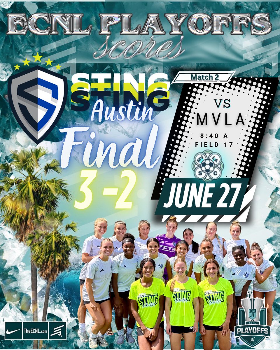 Final vs MVLA 3-2. We played with grit and tenacity and that is what put us on top. It was a tough battle and very competitive. 
Goals
Sarah Mills
Grace Condon
Zea Gonzalez
Assists
Ashely Perez
Vienna Tran
Summer Jacobs
#stingaustinecnl #braveboldone #ecnlplayoffs #ecnlgirls