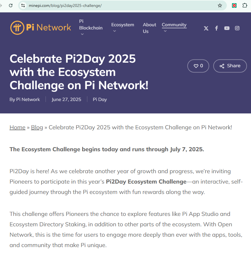 🎊🎊🎊PI NTEWORK NEWS: 🎊"Celebrate Pi2Day 2025 with the Ecosystem Challenge on Pi Network!🎊
Link: minepi.com/blog/pi2day202…

The Ecosystem Challenge begins today and runs through July 7, 2025.

Pi2Day is here! As we celebrate another year of growth and progress, we’re inviting