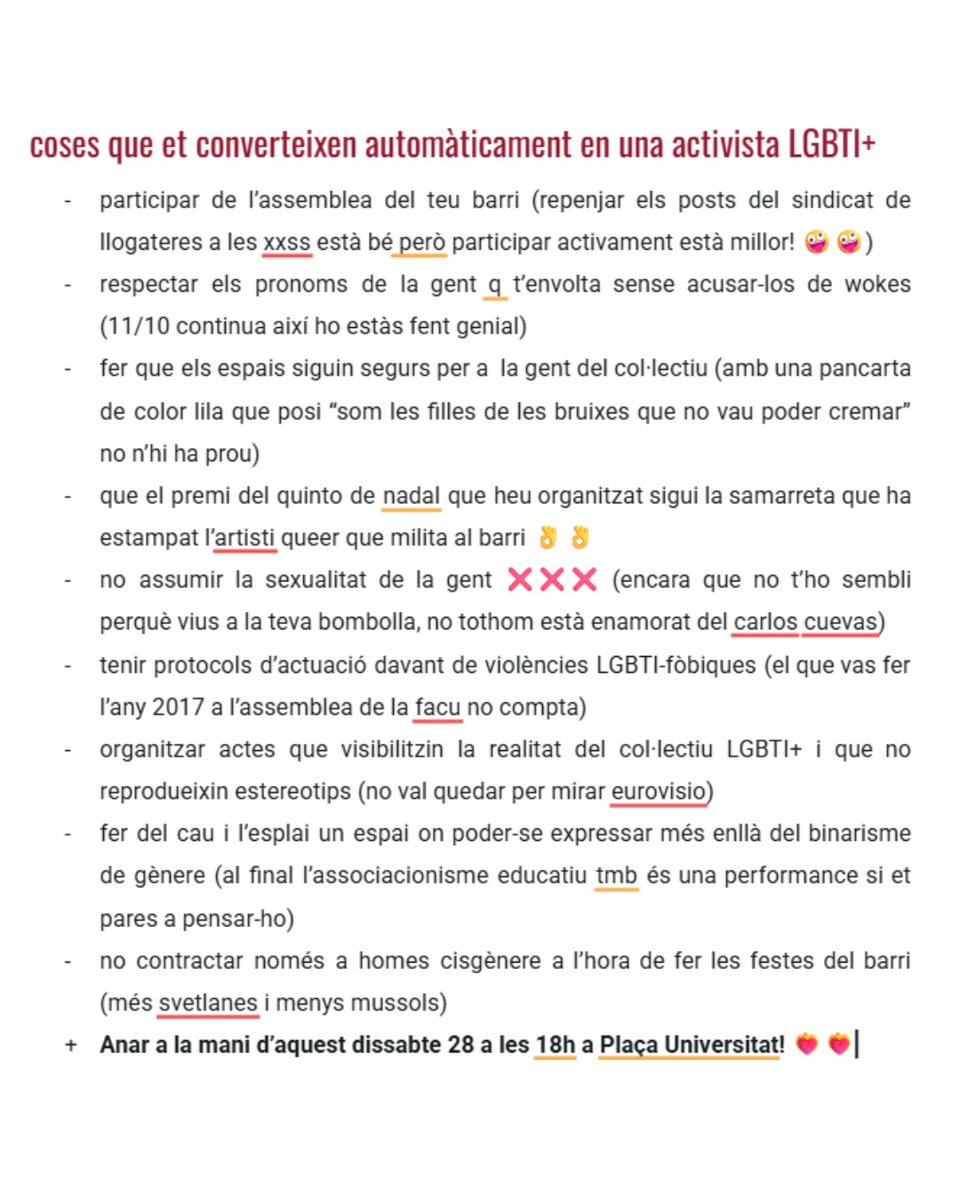 Cada #28J toca recordar que és un dia de reivindicació i lluita. Aquest any ho deixem en un llistat que esperem que sigui útil ❤️‍🔥

Les joves associades ho tenim clar, i esperem haver de dedicar encara menys temps a explicar-ho en el futur. Ens veiem als carrers ✊