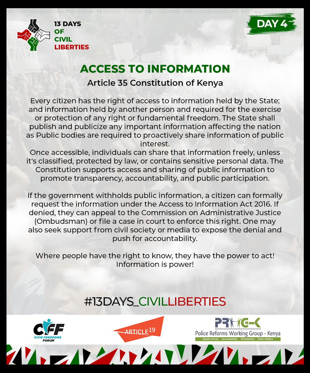 ReformsGroup's tweet image. Article 35 of the Constitution of Kenya guarantees the right to access information held by the State. Transparency is not a favour, it’s a constitutional right. #RightToProtest #13Days_CivilLiberties #FreedomofExpression #EndPoliceBrutalityKE