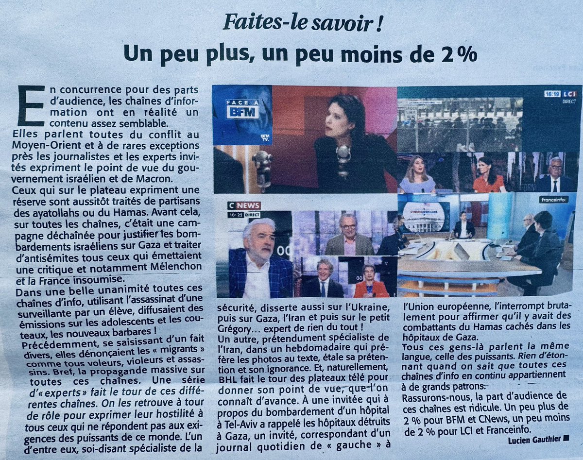 Sébastien Mura (@sebastienmura) on Twitter photo Faites-le savoir !
C’est le message du camarade Lucien Gauthier, <a href="/InfosOuvrieres/">Informations Ouvrières</a>, à propos de cet article sur les chaînes d’info en continu, où ils parlent tous la même langue : celle des puissants !
Rassurons-nous : la part d’audience de ces chaînes reste dérisoire, à peine 2% Faites-le savoir !
C’est le message du camarade Lucien Gauthier, <a href="/InfosOuvrieres/">Informations Ouvrières</a>, à propos de cet article sur les chaînes d’info en continu, où ils parlent tous la même langue : celle des puissants !
Rassurons-nous : la part d’audience de ces chaînes reste dérisoire, à peine 2%