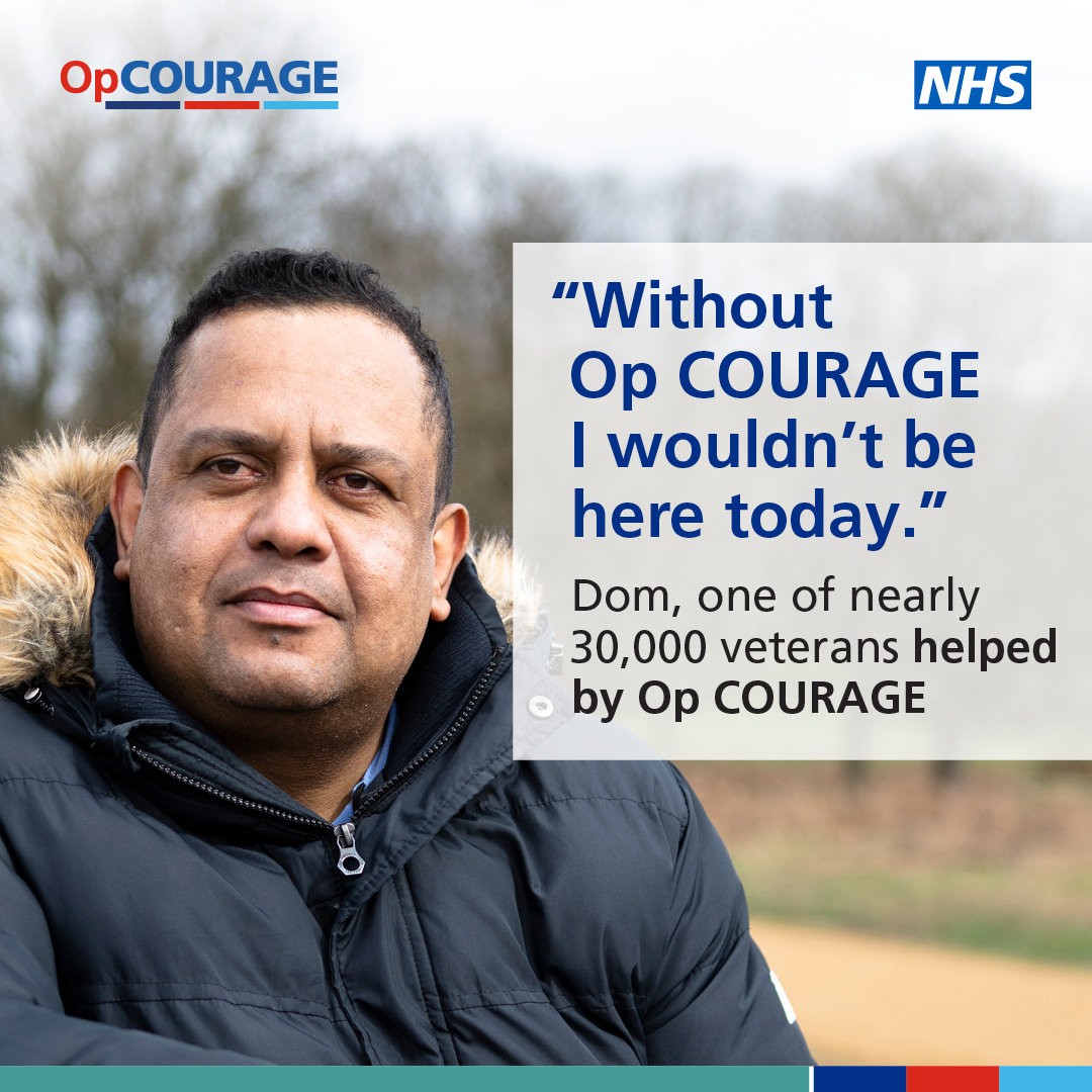 Op COURAGE provides specialist care and support for people who’ve served in the Armed Forces and are struggling with their mental health and wellbeing. 

Available across England, visit nhs.uk/opcourage for more information.