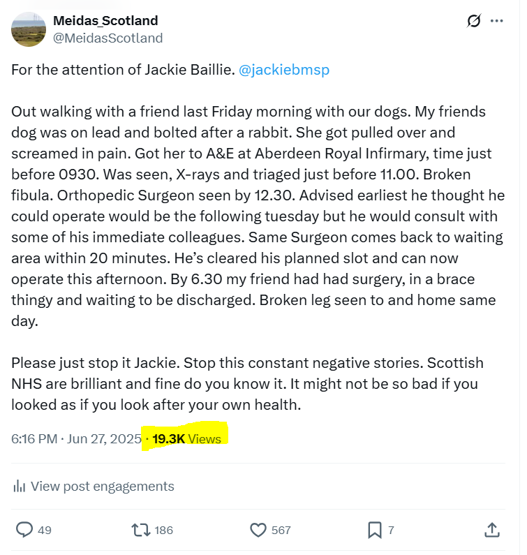 Saturday 28th and this post about Jackie Baillie has had over 19k views since 6pm last night. The yoons are frothing and the knuckle draggers comments are hilarious.  Conversely, I'm also getting many SNHS good news stories from a wide range, so I'm going to keep this kind of
