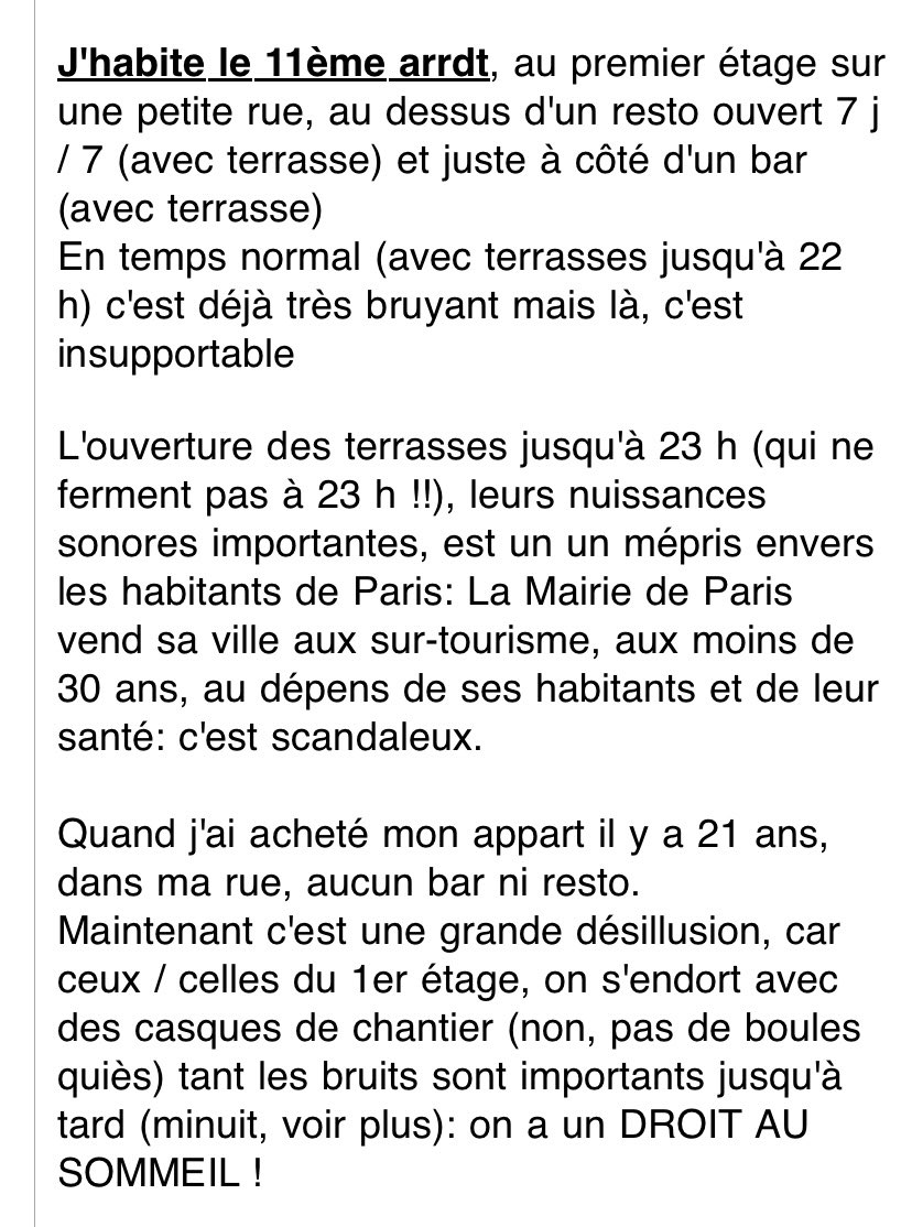 Encore un témoignage éloquent d’une victime des terrasses et de la bistrotisation des quartiers. 🥲