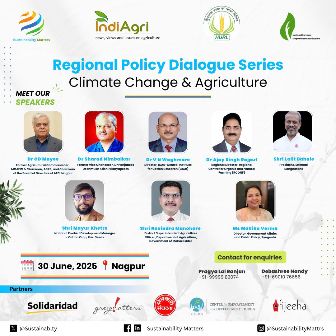 Extreme weather is challenging agriculture immensely. What’s the way forward?

<a href="/Sustainablty/">Sustainability Matters</a> bringing together experts to discuss. After Bhopal &amp; Chandigarh, the regional consultation goes to #Nagpur. High-profile &amp; accomplished leaders join this critical meet 👇

<a href="/Indiagri/">IndiAgri</a>