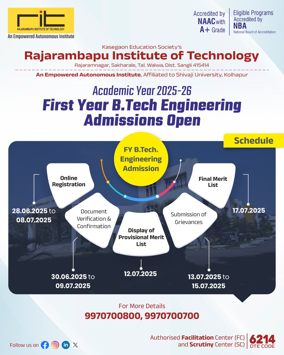 ritindia1983's tweet image. Exciting News! 🎉 B.Tech. Admissions Are Now Open! 🚀 Secure Your Future in Engineering Today. Apply Now! Visit KES&apos;s Rajarambapu Institute of Technology, Rajaramnagar for Registration and document verification.
#BTechAdmissions #EngineeringDreams