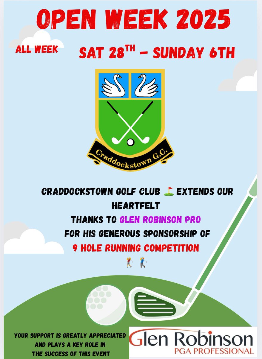 Day 2 of Open Week. 
Open 4 person Champagne Scramble..
Evening 9 hole running competition..