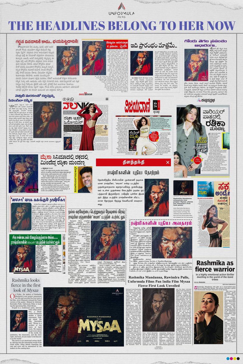 UnFormula Films (@unformulafilms) on Twitter photo She didn’t just arrive… she took over the headlines 🗞️🔥
The fierce first look of #MYSAA is making waves across languages & states ❤️🔥
<a href="/iamRashmika/">Rashmika Mandanna</a> @rawindrapulle <a href="/unformulafilms/">UnFormula Films</a>
A PAN INDIAN FILM 🇮🇳
#RashmikaMandanna She didn’t just arrive… she took over the headlines 🗞️🔥
The fierce first look of #MYSAA is making waves across languages & states ❤️🔥
<a href="/iamRashmika/">Rashmika Mandanna</a> @rawindrapulle <a href="/unformulafilms/">UnFormula Films</a>
A PAN INDIAN FILM 🇮🇳
#RashmikaMandanna