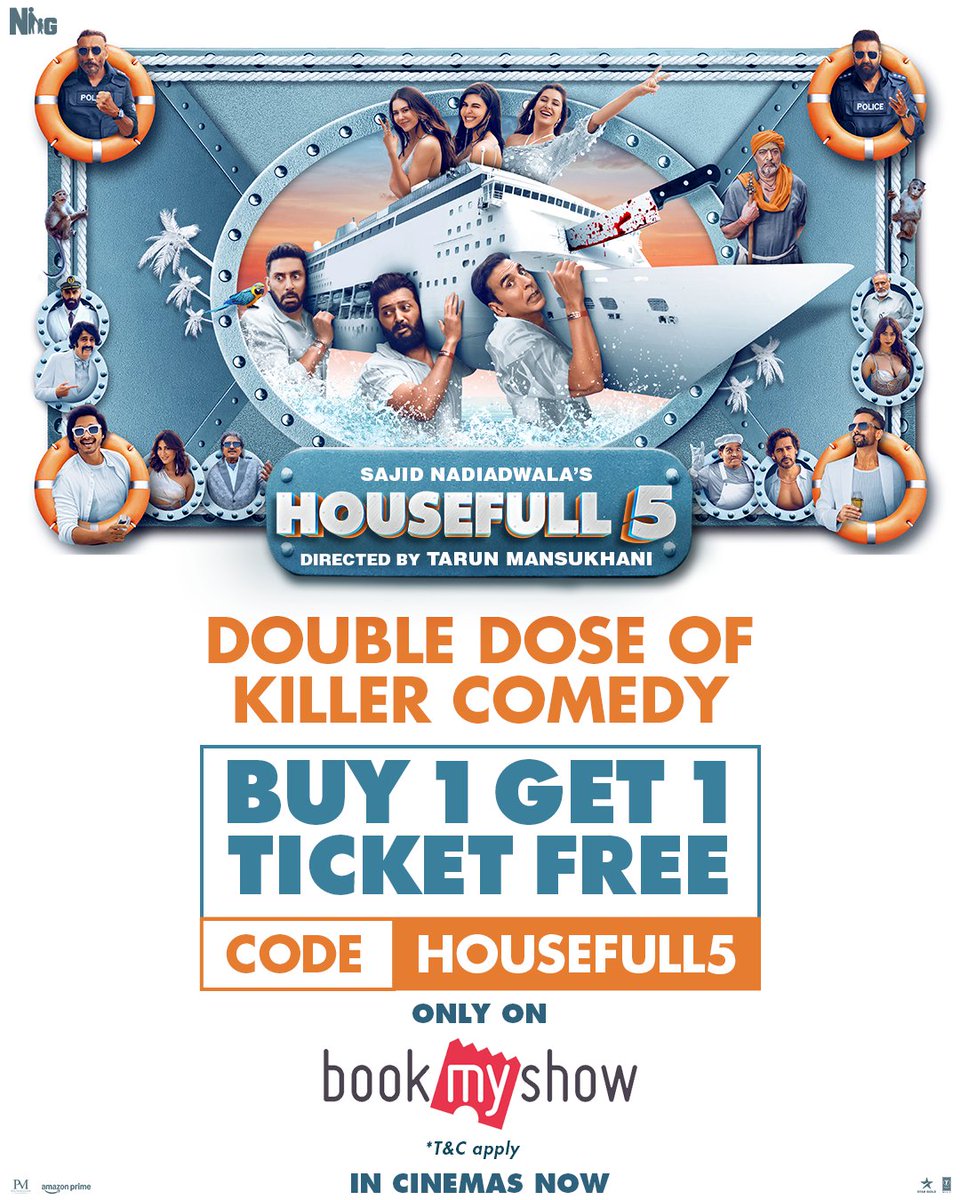 Nadiadwala Grandson (@ngemovies) on Twitter photo Ready to board the cruise of chaos? Bring someone along! 🛳️🥳
Use code HOUSEFULL5 and unlock Buy 1 Get 1 FREE on <a href="/bookmyshow/">BookMyShow</a>! 🔥
Watch #Housefull5 in cinemas near you! 🎟️
bookmy.show/Housefull5
#SajidNadiadwala’s #Housefull5
Directed by <a href="/Tarunmansukhani/">Tarun Mansukhani</a> Ready to board the cruise of chaos? Bring someone along! 🛳️🥳
Use code HOUSEFULL5 and unlock Buy 1 Get 1 FREE on <a href="/bookmyshow/">BookMyShow</a>! 🔥
Watch #Housefull5 in cinemas near you! 🎟️
bookmy.show/Housefull5
#SajidNadiadwala’s #Housefull5
Directed by <a href="/Tarunmansukhani/">Tarun Mansukhani</a>