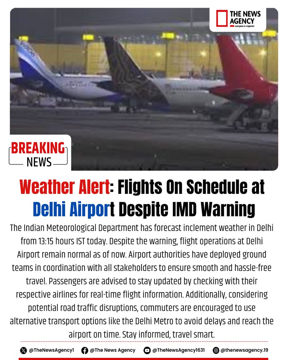 TheNewsAgency1's tweet image. #DelhiWeather #FlightUpdate #TravelAlert #IMDWarning #DelhiAirport #WeatherUpdate  #DelhiMetro #AviationNews #CivilAviationNews  #BigNews #BigBreaking #IMDWarning 
@dgca @Moca_Goi @ImdWeather  @RamMNK #DelhiAirport #PassengerAdvisory #DELAdvisory