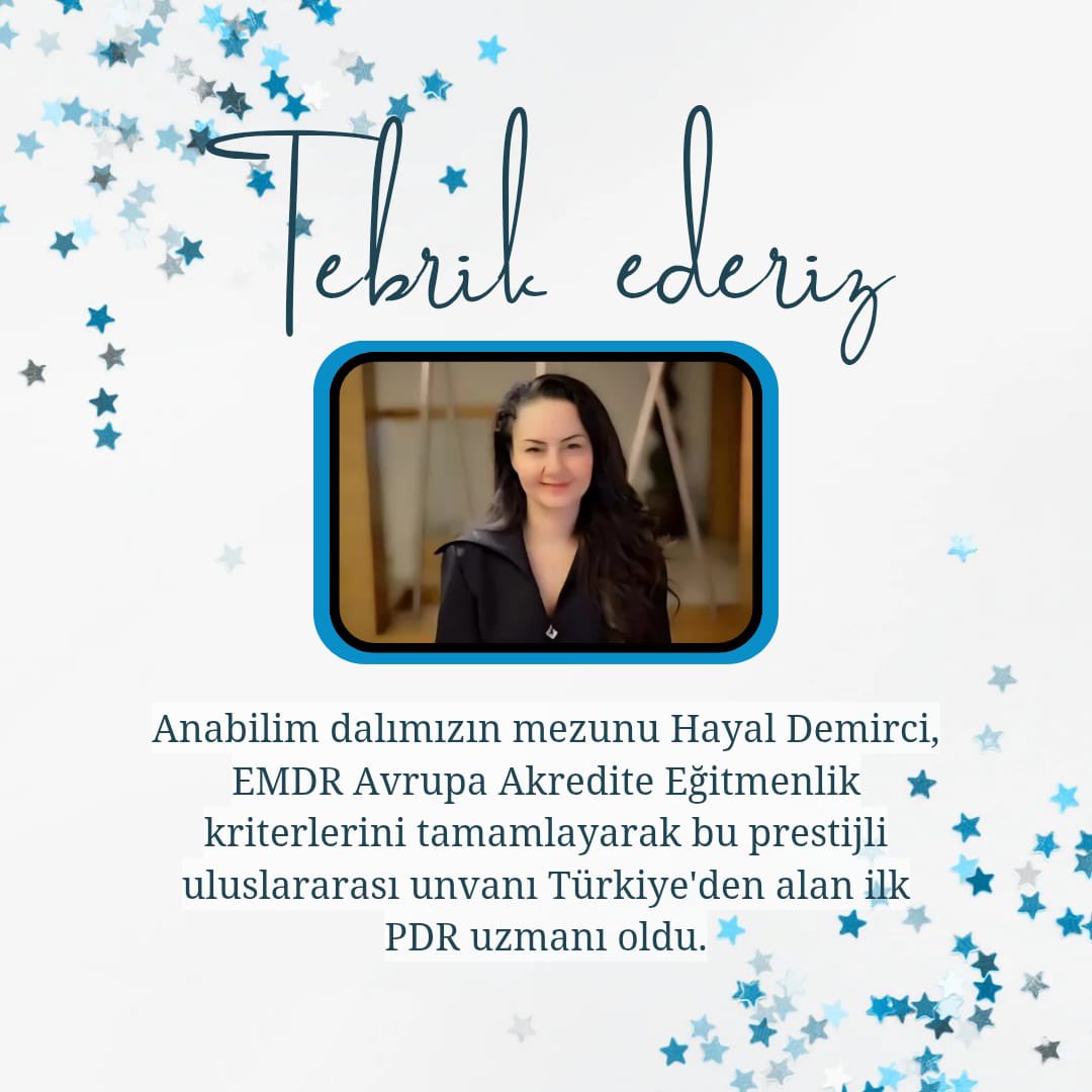 DEÜ PDR Mezunumuz Hayal Demirci, EMDR Europe Accredited Trainer Ünvanını Aldı! Hayal Demirci, EMDR Avrupa Akredite Eğitmenlik kriterlerini tamamlayarak bu prestijli uluslararası unvanı Türkiye'den alan ilk PDR uzmanı oldu.Kendisini bu önemli başarıdan dolayı tebrik ediyoruz.