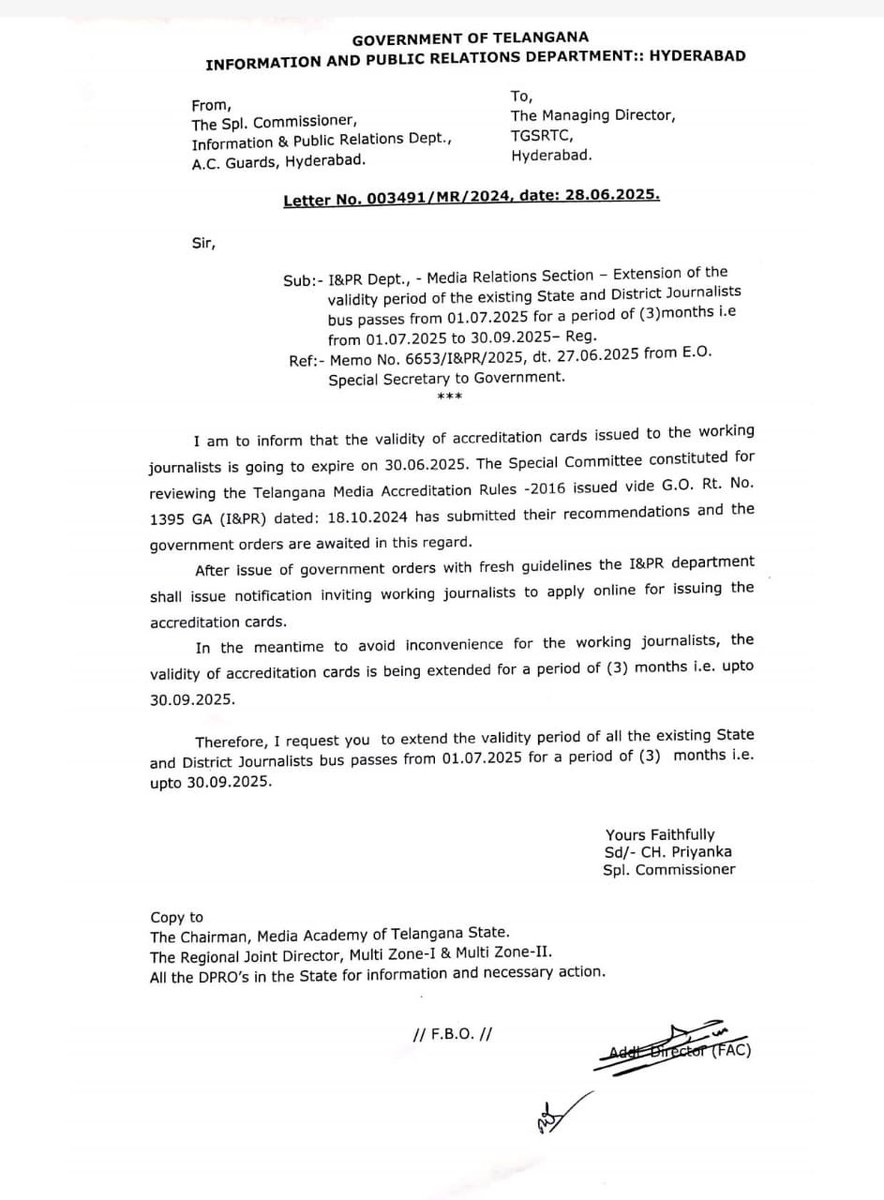 Extension of the validity period of the existing State and District Journalists Accreditation cards