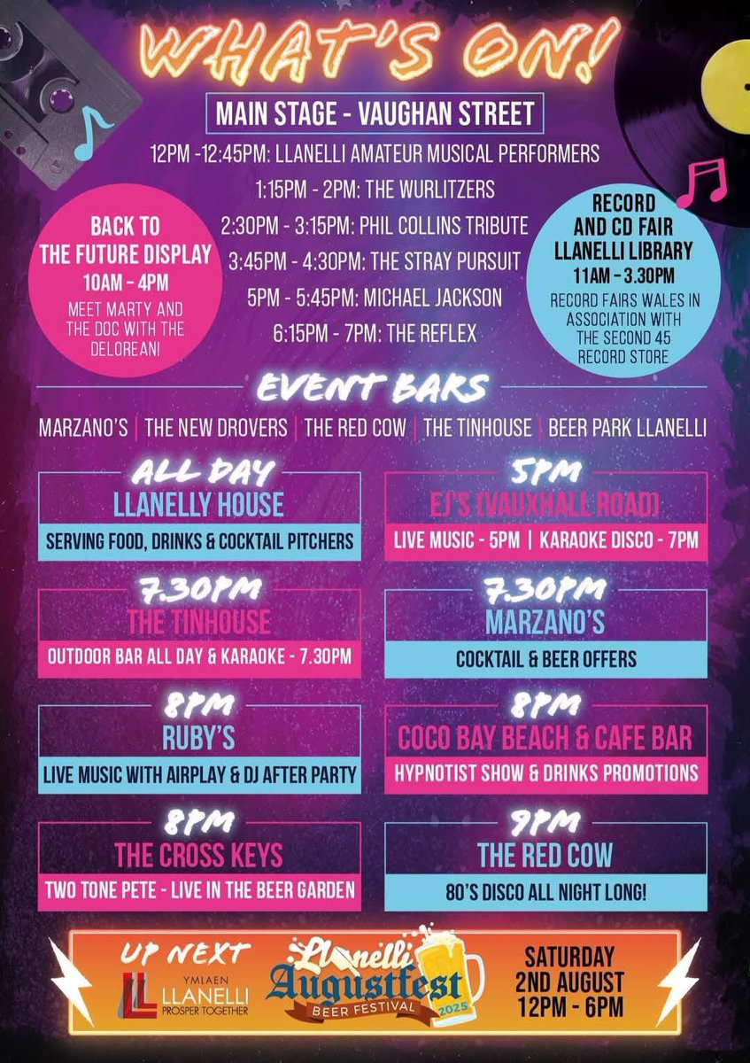It’s ‘80s Festival Day’ in Llanelli 🎸⚡️ 🎤

Llanelli Town Centre is the place to be today from 10am to 7pm for a whole load of live music, street food, bars, and proper party vibes!

Free parking in all council-run town centre car parks too. See you all there 👍