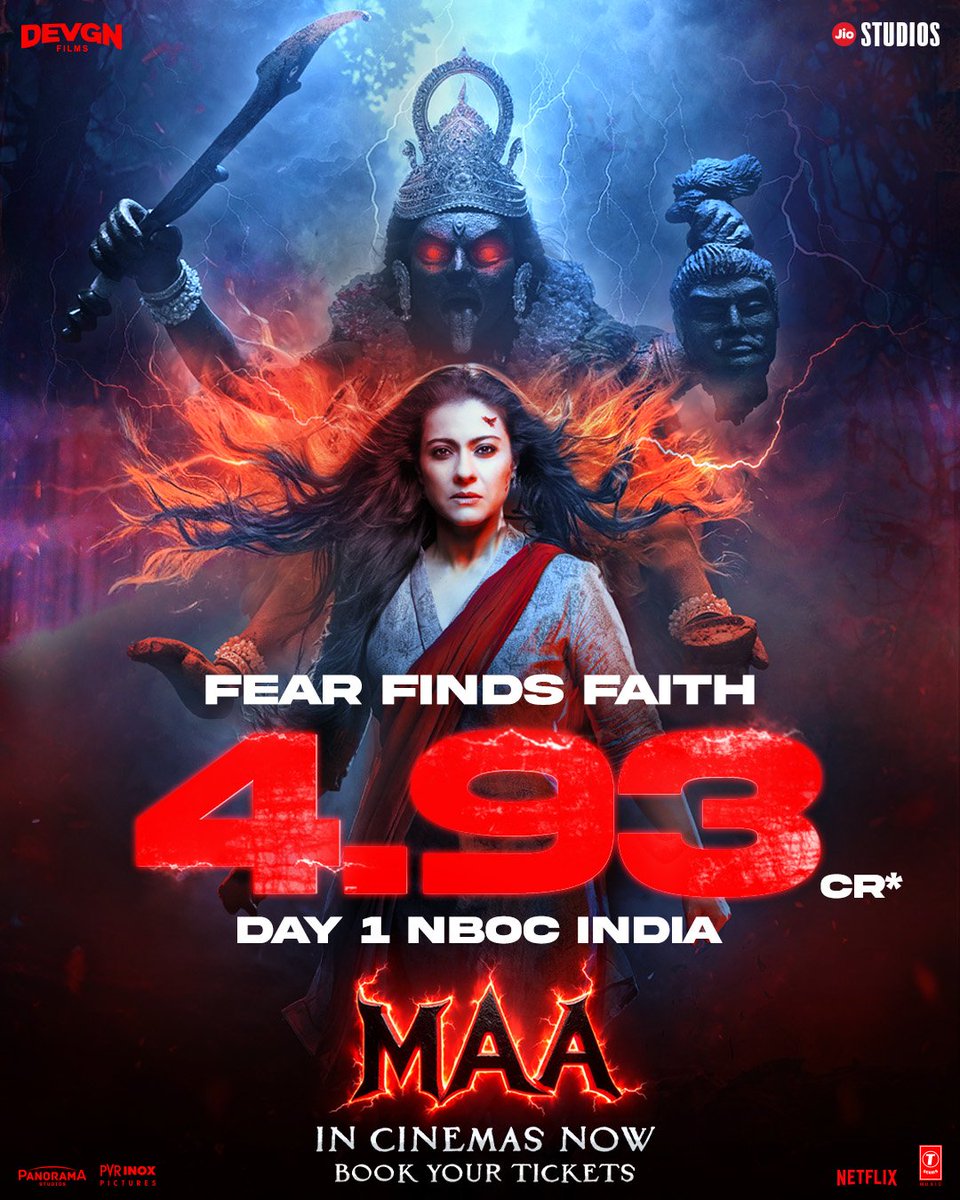 HetTannaHere's tweet image. #MAA opens with a strong ₹4.93 crore NBOC (India) on Day 1.

Presented by #JioStudios and #DevgnFilms, Maa is produced by #AjayDevgn and #JyotiDeshpande and co-produced by #KumarMangatPathak.