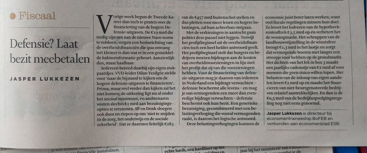 Hogere defensie-uitgaven zijn structureel en moeten dus ook op een structureel manier gefinancierd worden en dan liefst zo dat de economie er nog beter uitkomt ook. Gelukkig kan dat ook, door ondoelmatige belastingvrijstellingen te schrappen. 

Zie mijn opinie in <a href="/FD_Nieuws/">FD Nieuws</a> 👇