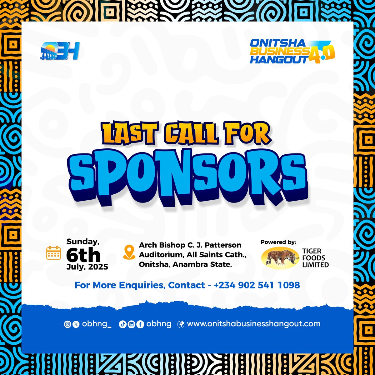 We have one week away from July the 6. #OnitshaBusinessHangout 4.0
Sponsors, we need you.
Partners, we need you.

Join hands with #OnitshaBusinessHangout to Make Alaigbo Great Again ✊

We need your support.

#OBHXTigerFoods
#ReimagineOnitsha
#OnitshaBusinessHangout