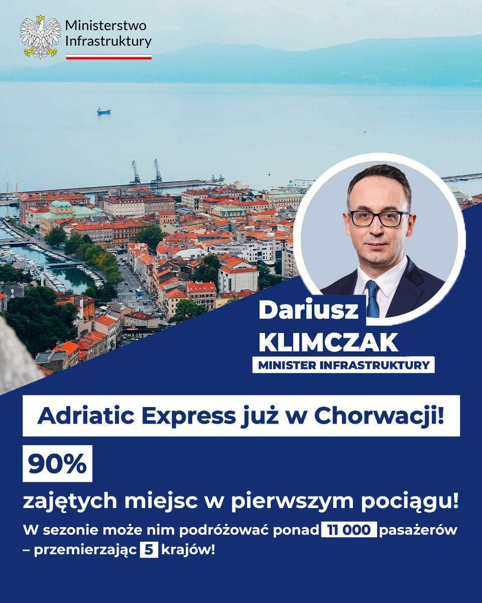 🚆 Pociągiem do Chorwacji! 🌞🇭🇷

❗Pierwszy pociąg z Polski do Chorwacji dotarł do Rijeki, pokonując 1240 km! 🎉🛤️

W pierwszą podróż nad Adriatyk zajętych było aż 90% dostępnych miejsc! 🧳🚋�To początek nowego rozdziału wakacyjnych podróży koleją! ✨🌍

Do końca sierpnia
