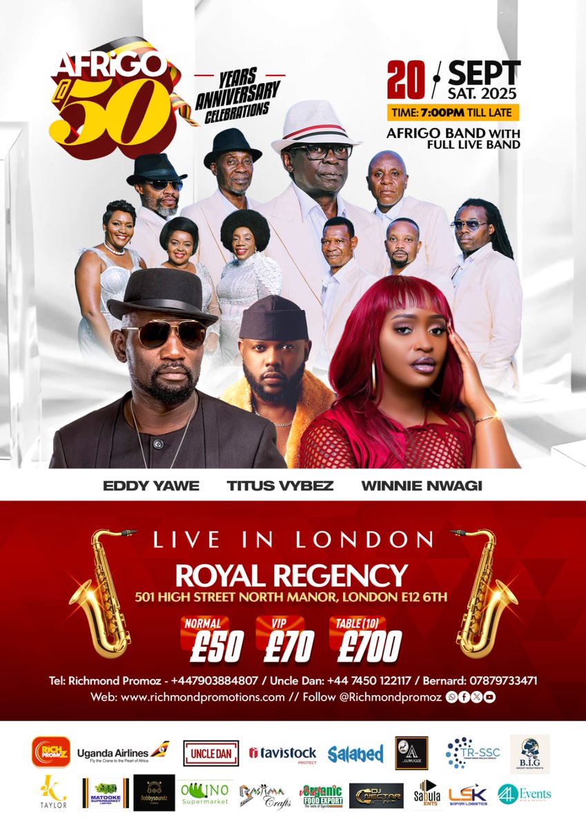LONDON 🇬🇧

The legends are coming,Prepare your dancing shoes, as we  celebrate 50years of music Excellence at Royal Regency hall,on Saturday 20 September 2025.

Book our ticket now to avoid inconveniences 

#afrigo@50years
#afrigo@50europeanour
#ssemadongo mukinzimbe