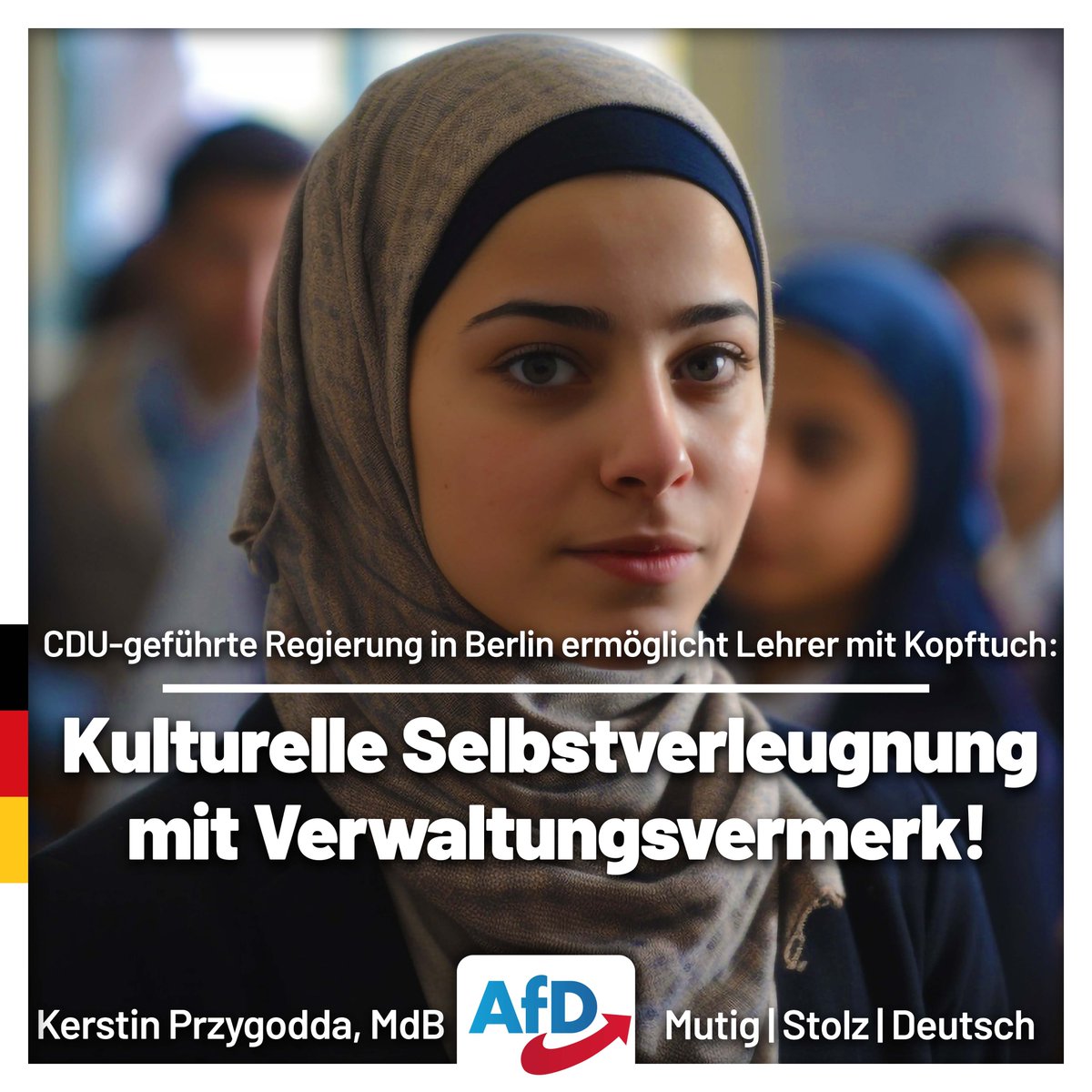 KerstinMdB's tweet image. Man muss kein Prophet sein, um zu erkennen: Wer in Berlin CDU wählt, bekommt rot-rot-grün mit Maßanzug. Die jüngste Reform des sogenannten Neutralitätsgesetzes zeigt es deutlich: Lehrerinnen dürfen nun mit Kopftuch unterrichten – angeblich aus Respekt vor religiöser Freiheit.…