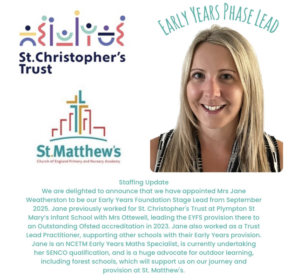 WeatherstonJane's tweet image. I’m pleased to share that I’ll be returning to @stchris_trust @StMattsAcademy to lead a 3-form entry intake- we’ll be welcoming up to 90 Reception children. This role is total dream job vibes. Huge thanks to everyone who’s supported me along the way. Here’s to the next chapter.