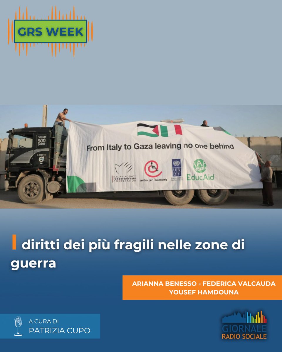 Grs Week 👉I diritti dei più fragili nelle zone di guerra

giornaleradiosociale.it/audio/i-diritt…

📢Cosa vuol dire vivere in guerra da bambino, con disabilità o come persona LGBTQ+? Con Arianna Benesso, <a href="/AmicideiBambini/">Ai.Bi. Amici dei Bambini ETS</a>; Federica Valcauda, <a href="/EuropaRadicale/">europa.radicale</a>; Yousef Hamdouna, #EducAid