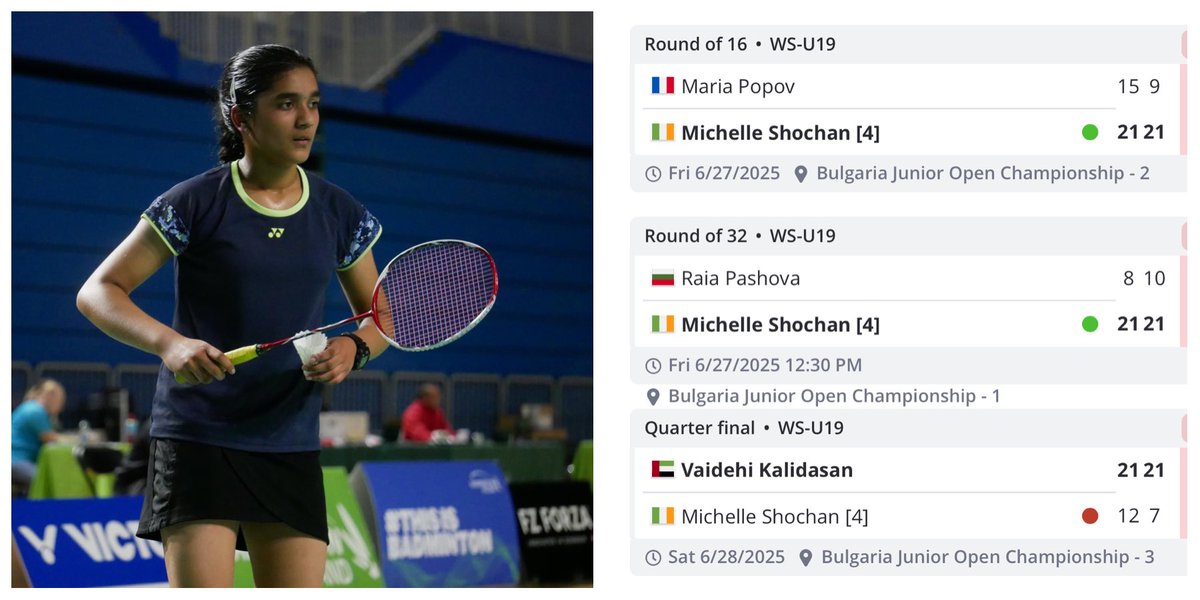 Bulgaria Junior International 

Michelle Shochan 🇮🇪 reached the quarterfinal of the Bulgaria Junior International.

Michelle beat Popov 🇫🇷 and Pashova 🇧🇬 before losing out to Kalidasan 🇦🇪 in her quarterfinal this morning.

Well done Michelle on a good competition 💪☘️