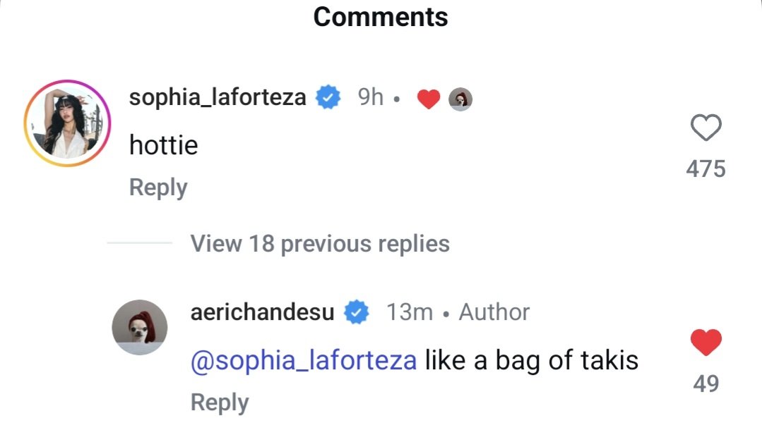 #GISELLE replied to KATSEYE's Sophia comment on her latest instagram post

sophia: hottie
↳ giselle : like a bag of takis
