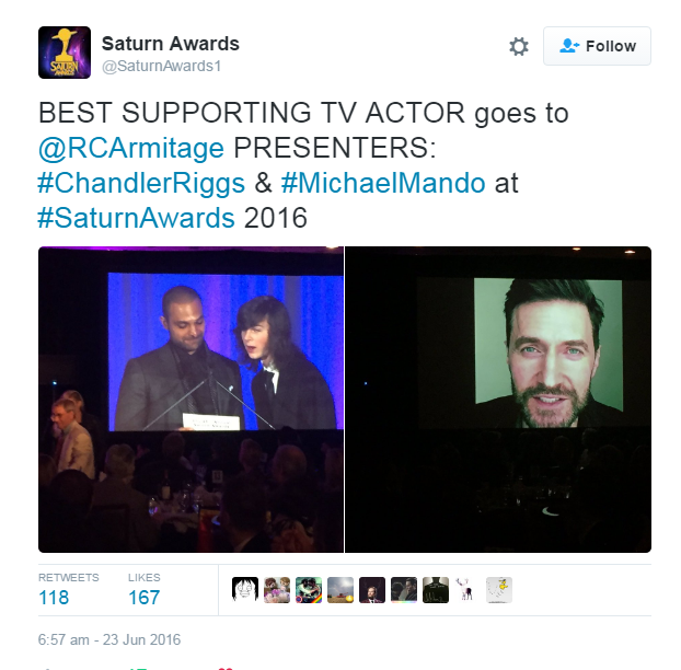 This is the only image I have of #RichrdArmitage's Best Supporting Actor Saturn Awards acceptance speech for Francis Dolarhyde in Hannibal S3, 23 June 2016. He was in London waiting to start filming Midlife Crisis, but sadly the film was cancelled.
