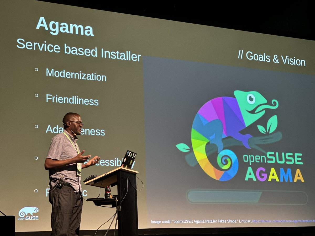 IshSookun's tweet photo. Right now on the big stage of #oSC25, @jzikusooka presenting the benefits of unattended #Linux installations. @openSUSE #Agama https://t.co/hqWsrVSaKp
