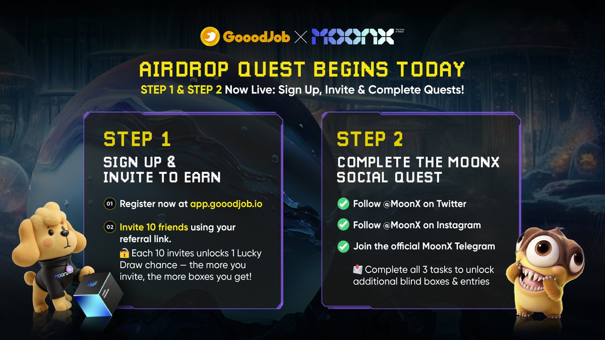 Gooodjob_io's tweet image. 🚨 THE CRAZIEST AIRDROP OF THE YEAR IS HERE! 🚨
GooodJob x @moonx_win  are giving away over $873K in prizes! 🤑

🏎️ Win a LAMBORGHINI, PORSCHE 911, Honda City
💎 Grab MoonX Tokens + MetaTreasure T-BOX NFTs worth up to $1,000
🎁 Each NFT = 1 shot at the GRAND PRIZE LUCKY DRAW!

🔥…