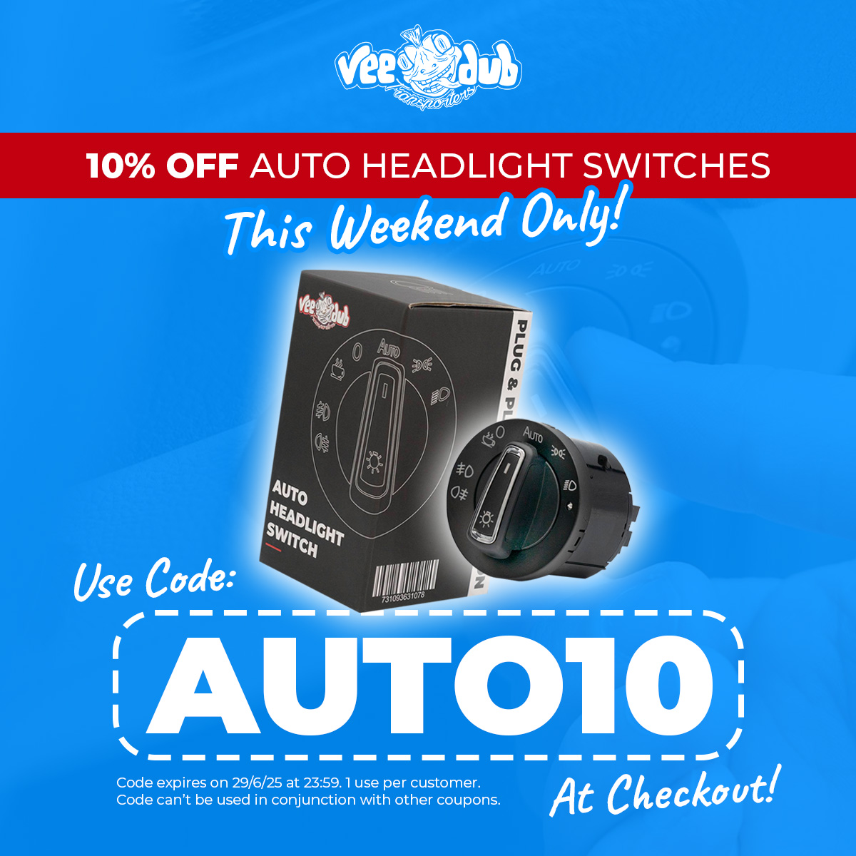 Don't forget! 👀🚨

You can grab 10% Off our Auto Headlight Switches THIS WEEKEND ONLY! 💪

Use Code: AUTO10 at checkout! 🛒

veedubtransporters.co.uk/shop/vw-transp…
