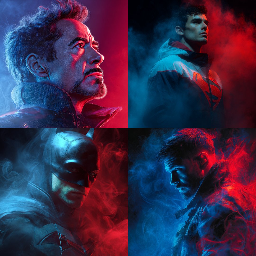 Neon Mist Portraiture AI art

Created with Midjourney

Prompt used: Ultra-realistic low-angle portrait of [CHARACTER], lit with red and blue split lighting, against a white misty background with cinematic smoke. Wearing a futuristic windbreaker with [CHARACTER LOGO], confident