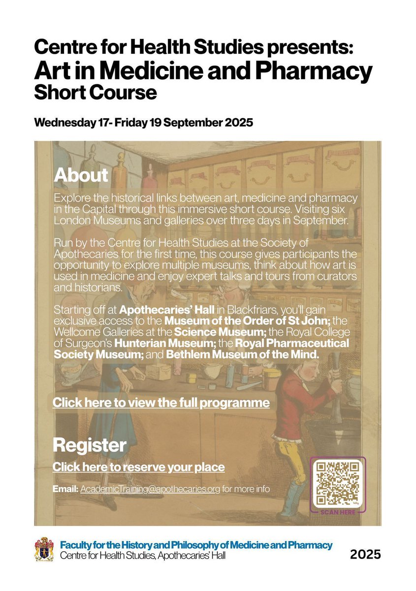CfHealthStudies's tweet image. Limited spaces! We're delighted to be supported by @PharmHist on this 3 day Art in Medicine & Pharmacy course. Subsidised student places - the programme offers fantastic insights into six venues.