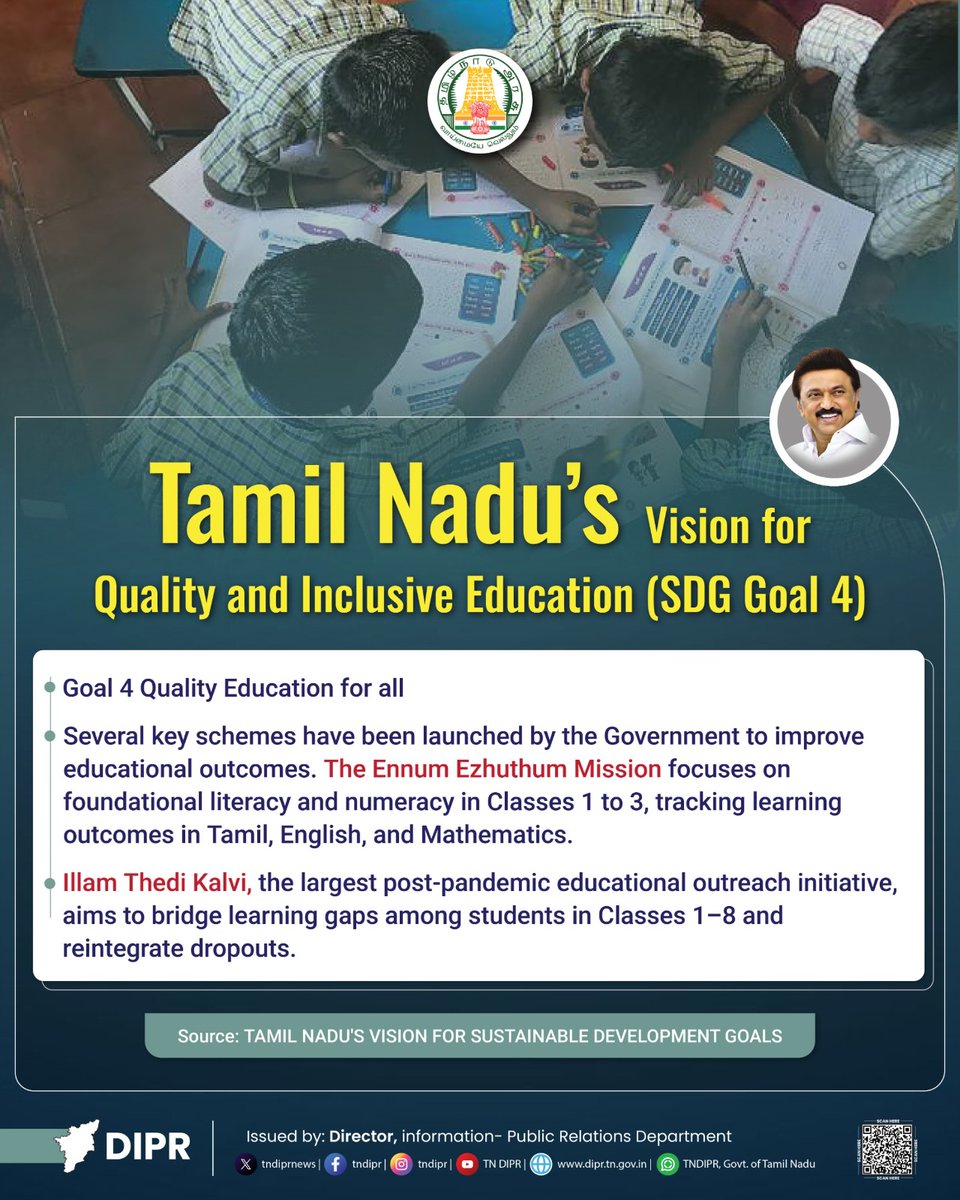 TN DIPR (@tndiprnews) on Twitter photo Tamil Nadu's Vision for SDG Goal 4
<a href="/CMOTamilnadu/">CMOTamilNadu</a> <a href="/mkstalin/">M.K.Stalin</a> <a href="/Udhaystalin/">Udhay</a>
<a href="/mp_saminathan/">M.P.Saminathan</a>
#TNDIPR #TNMediahub #CMMKStalin #DyCMUdhay #TNGovt #PeoplesGovt #TNGovtSchemes #CMOTamilnadu #peoplecm #TamilNadu Tamil Nadu's Vision for SDG Goal 4
<a href="/CMOTamilnadu/">CMOTamilNadu</a> <a href="/mkstalin/">M.K.Stalin</a> <a href="/Udhaystalin/">Udhay</a>
<a href="/mp_saminathan/">M.P.Saminathan</a>
#TNDIPR #TNMediahub #CMMKStalin #DyCMUdhay #TNGovt #PeoplesGovt #TNGovtSchemes #CMOTamilnadu #peoplecm #TamilNadu