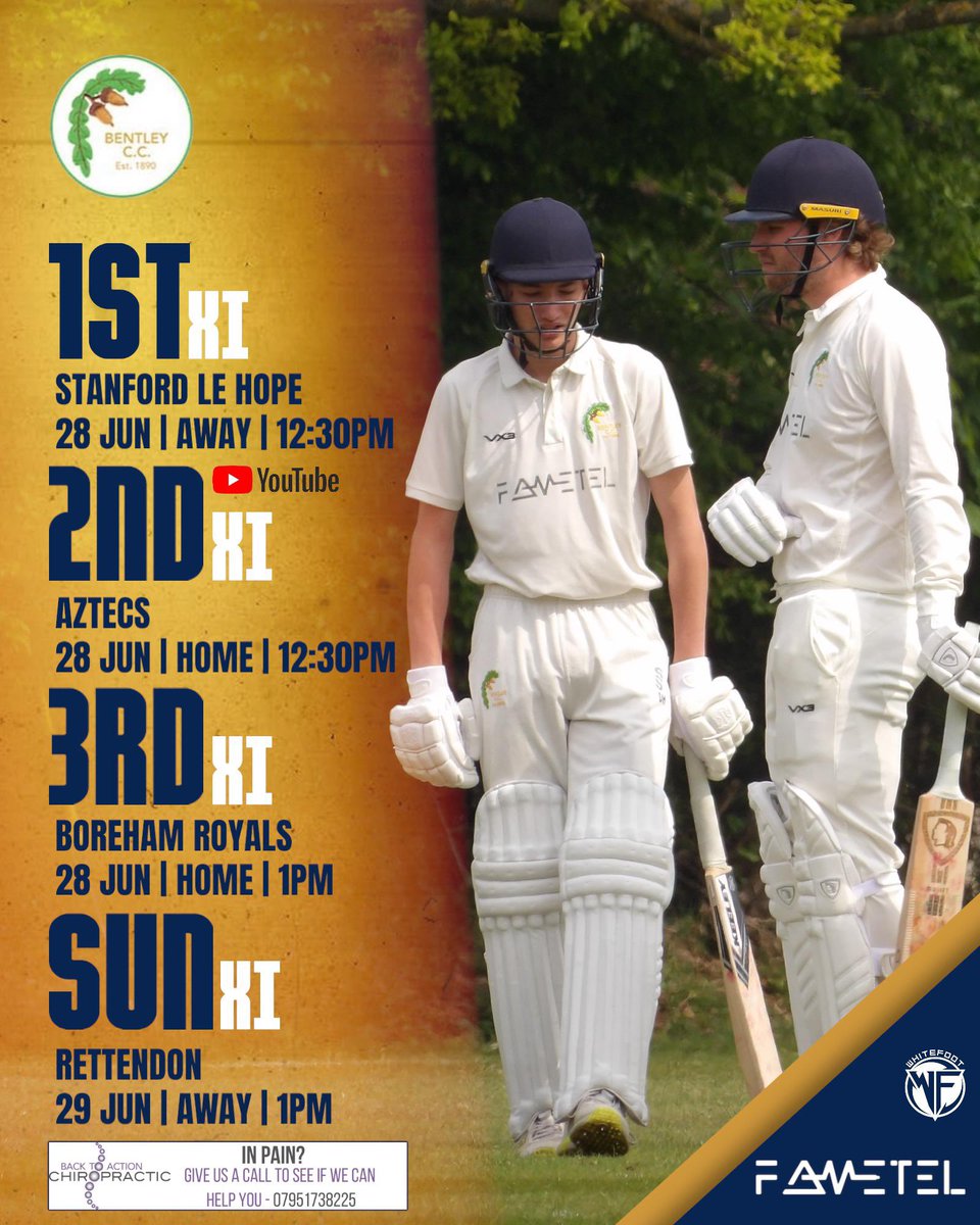 Bentley Cricket Club (@bentleycc_) on Twitter photo It's a <a href="/BtoAChiro/">Back To Action Chiro</a> matchday, as we hunt for three league wins🧐
📺Follow the 2s game vs Aztecs live on our YouTube! It's a <a href="/BtoAChiro/">Back To Action Chiro</a> matchday, as we hunt for three league wins🧐
📺Follow the 2s game vs Aztecs live on our YouTube!