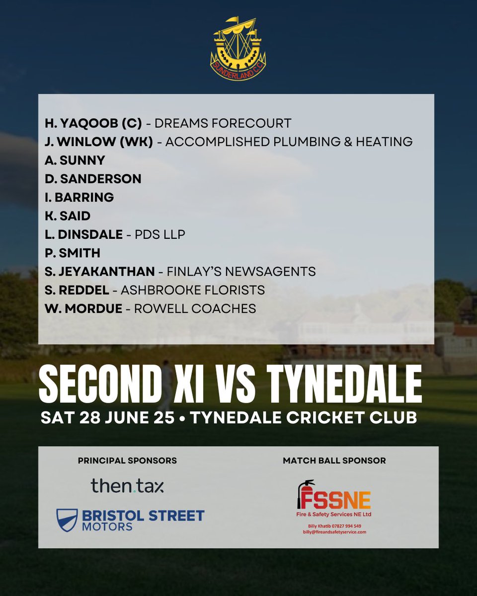 Sunderland CC (@slandcricket) on Twitter photo Another day of sunshine…today our 1XI are at home to <a href="/BurnmoorCricket/">Burnmoor CC</a> , whilst our 2XI make the long journey to <a href="/TynedaleCC/">Tynedale Cricket Club</a>
Thanks to our sponsors & good luck to all teams 💪🏏!
Then Tax Refunds
<a href="/VertuMotors/">Vertu</a>
<a href="/HumphreyMECons1/">Humphrey M&E Consultants</a>
Fire & Safety Services North East Another day of sunshine…today our 1XI are at home to <a href="/BurnmoorCricket/">Burnmoor CC</a> , whilst our 2XI make the long journey to <a href="/TynedaleCC/">Tynedale Cricket Club</a>
Thanks to our sponsors & good luck to all teams 💪🏏!
Then Tax Refunds
<a href="/VertuMotors/">Vertu</a>
<a href="/HumphreyMECons1/">Humphrey M&E Consultants</a>
Fire & Safety Services North East