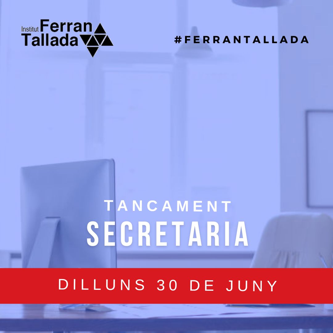 IES FERRAN TALLADA (@ferrantallada) on Twitter photo ⚠️IMPORTANT⚠️
El proper dilluns 30 de juny la Secretaria romandrà tancada.
📩 Podeu contactar mail a:
👉 a8014115@xtec.cat
🏫 L’atenció presencial es reprendrà l’1 de juliol, amb cita prèvia, de 10 h a 13 h. Reserva-la aquí:
👉 calendar.app.google/MQ8sBaxQZLtjQG… ⚠️IMPORTANT⚠️
El proper dilluns 30 de juny la Secretaria romandrà tancada.
📩 Podeu contactar mail a:
👉 a8014115@xtec.cat
🏫 L’atenció presencial es reprendrà l’1 de juliol, amb cita prèvia, de 10 h a 13 h. Reserva-la aquí:
👉 calendar.app.google/MQ8sBaxQZLtjQG…