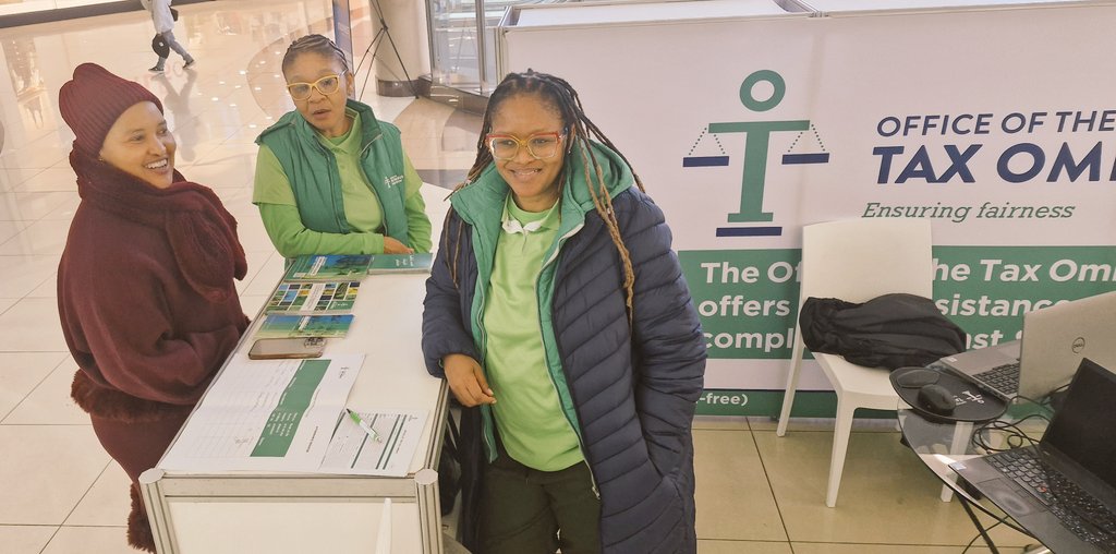 Tax Ombud Ms Yanga Mputa, Acting CEO Mmamelao Malakalaka and Operations Head Fundiswa Ngqeleni waiting to assist taxpayers <a href="/hemingwaysmall/">Hemingways Mall</a> today - come for free and impartial assistance with your tax complaints. We are here until 18:00. #TaxSeason #eFiling