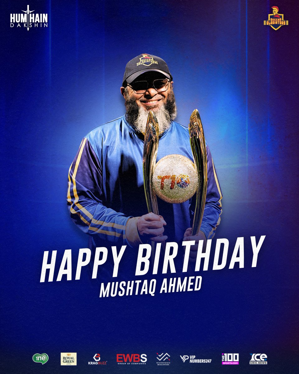 Deccan Gladiators (@teamdgladiators) on Twitter photo Happy Birthday Gaffer 🎂
Wishing spin legend <a href="/Mushy_online/">Mushtaq Ahmed</a> a wonderful birthday from Team Deccan 🫶.
#DeccanDilSe #AbuDhabiT10 #ADT10 #CricketsFastestFormat #InAbuDhabi #DeccanGaldiators #Mushtaqahmed #mushybhai #happybirthday Happy Birthday Gaffer 🎂
Wishing spin legend <a href="/Mushy_online/">Mushtaq Ahmed</a> a wonderful birthday from Team Deccan 🫶.
#DeccanDilSe #AbuDhabiT10 #ADT10 #CricketsFastestFormat #InAbuDhabi #DeccanGaldiators #Mushtaqahmed #mushybhai #happybirthday