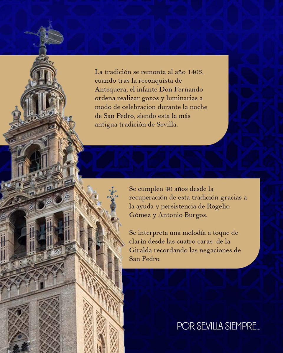 🗓️ Este domingo, Sevilla tiene una cita con su 𝐦á𝐬 𝐚𝐧𝐭𝐢𝐠𝐮𝐚 𝐭𝐫𝐚𝐝𝐢𝐜𝐢ó𝐧.

🔵 Un año más, volverán a sonar nuestros clarines 𝐝𝐞𝐬𝐝𝐞 𝐥𝐚𝐬 𝐚𝐥𝐭𝐮𝐫𝐚𝐬 𝐝𝐞 𝐥𝐚 𝐆𝐢𝐫𝐚𝐥𝐝𝐚, cumpliendose 𝟒𝟎  𝐚ñ𝐨𝐬 desde la recuperación de esta antiquísima tradición.