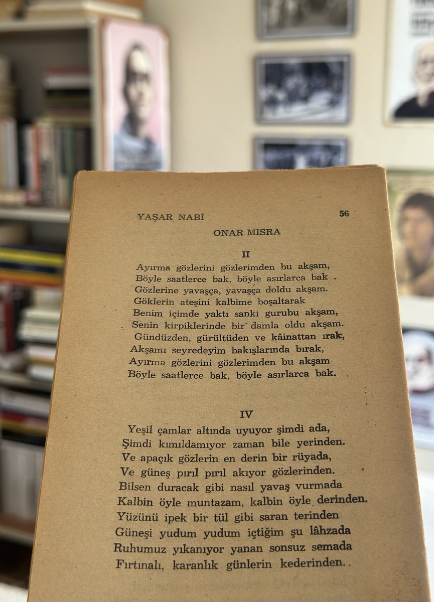 ayırma gözlerini gözlerimden
gündüzden, gürültüden ve kâinattan ırak
akşamı seyredeyim bakışlarında bırak

• yaşar nabi nayır