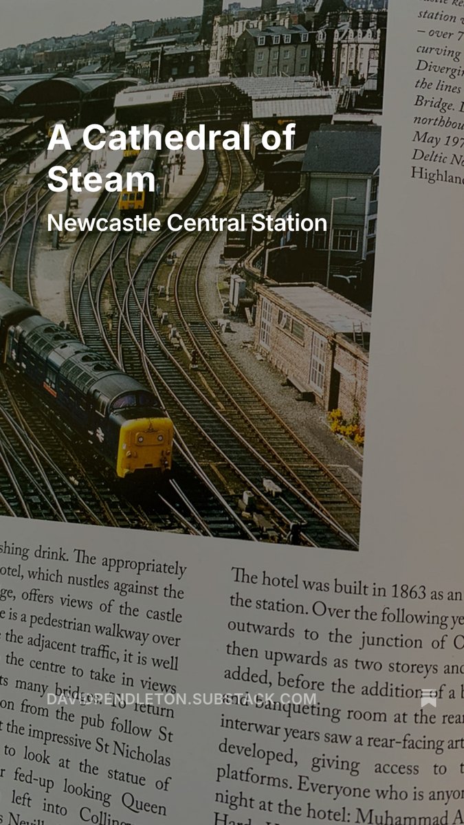 Newcastle: A bar advertises itself as 'probably the greatest station bar in the world', an unamused Queen Victoria looks on.  Victoria used to draw her carriage curtains she passed through Newcastle. The mass of industry were too much for her gaze. open.substack.com/pub/davidpendl…