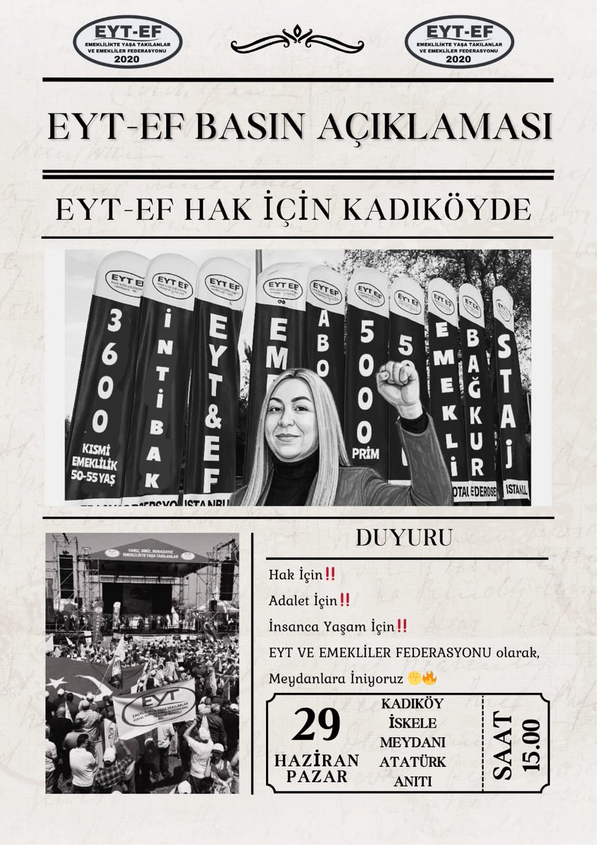 Bir dilim ekmeğe muhtaç bırakanlara,

Haklarımızı öteleyip unutanlara karşı Susmayacağız !

GEL !
Sesimize Ses Kat !

Hep birlikte,
#Kadıköy den Haykıralım !

#EytEfHAKiçinKadıköyde
<a href="/RTErdogan/">Recep Tayyip Erdoğan</a>
<a href="/_cevdetyilmaz/">Cevdet Yılmaz</a>
<a href="/isikhanvedat/">Prof. Dr. Vedat Işıkhan</a>
<a href="/MHP_Bilgi/">MHP</a> 
<a href="/Akparti/">AK Parti</a>