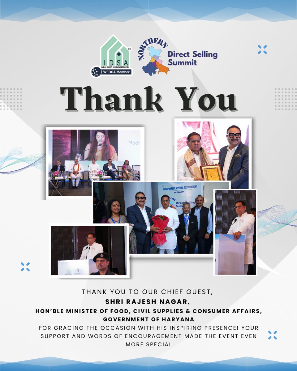 IDSA extends heartfelt thanks to Shri Rajesh Nagar Hon’ble Minister of Food, Civil Supplies &amp; Consumer Affairs, Government of Haryana, for gracing the Northern Direct Selling Summit as our Chief Guest #IDSA #DirectSelling #NorthernDirectSellingSummit #ThankYou #LeadershipAction