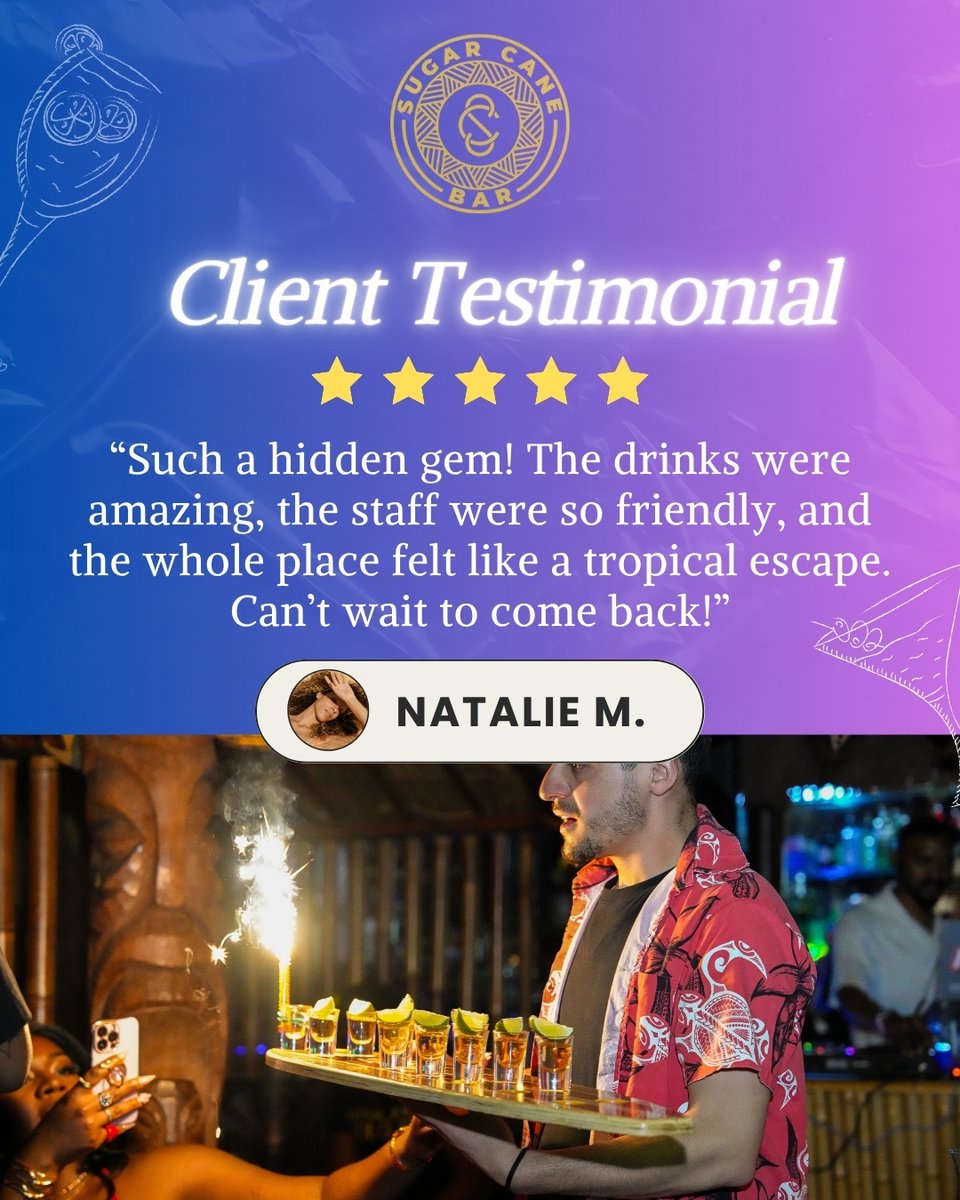 sugarcanelondon's tweet photo. Thank you so much for the kind words! We’re thrilled you enjoyed the tropical vibes, delicious drinks and our amazing team. Can’t wait to welcome you back for another unforgettable Sugar Cane experience soon!
Book now https://t.co/W9vNLDyKsP.
#SugarCaneBar #testimonial #TikiVibes https://t.co/yuwAl6rk7d