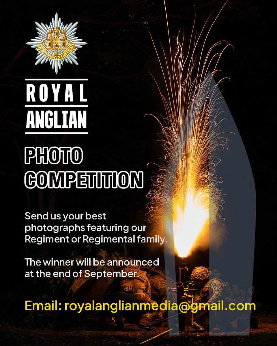 Royal Anglian Regiment Charity (@ranglians) on Twitter photo Send us your best photographs featuring our Regiment or Regimental family. Open to all serving personnel, Royal Anglian, veterans and family members.
The winner will be announced at the end of September.
Send to royalanglianmedia@gmail.com
#RoyalAnglian #StrengthfromWithin Send us your best photographs featuring our Regiment or Regimental family. Open to all serving personnel, Royal Anglian, veterans and family members.
The winner will be announced at the end of September.
Send to royalanglianmedia@gmail.com
#RoyalAnglian #StrengthfromWithin