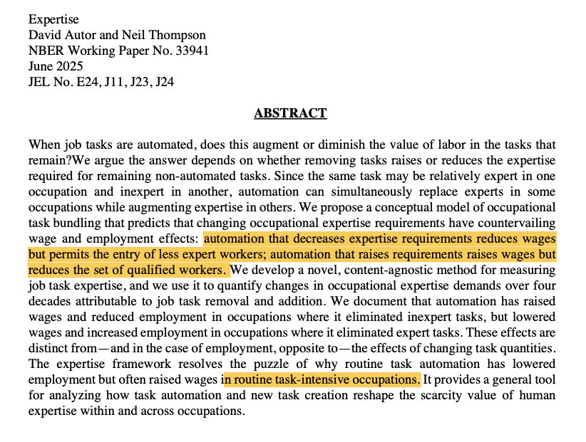 Juan Mateos Garcia (@jmateosgarcia) on Twitter photo Expertise
<a href="/davidautor/">David Autor</a> + <a href="/ProfNeilT/">Neil Thompson</a> new working paper is big.
It combines modeling and data (leveraging AI) to propose a rethink of the task-based model widely used to analyse the economic impacts of automation and AI.
It takes expertise... Expertise
<a href="/davidautor/">David Autor</a> + <a href="/ProfNeilT/">Neil Thompson</a> new working paper is big.
It combines modeling and data (leveraging AI) to propose a rethink of the task-based model widely used to analyse the economic impacts of automation and AI.
It takes expertise...