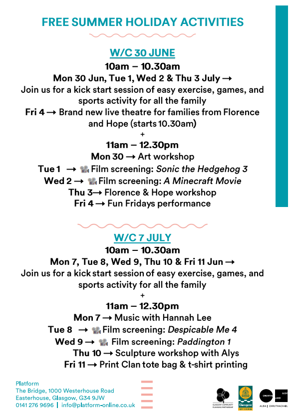 ☀️🍎🎞️MONDAY AT PLATFORM || SUMMER HOLIDAYS CLUB BEGINS ☀️🍎🎞️

FREE breakfast, lunch and creative activities, on weekdays from 30 June to 8 August | drop in between 10am and 2:30pm

platform-online.co.uk/whats-on/event…

#easterhouse #glasgoweast #summerholidays #summer2025 #CHFAP