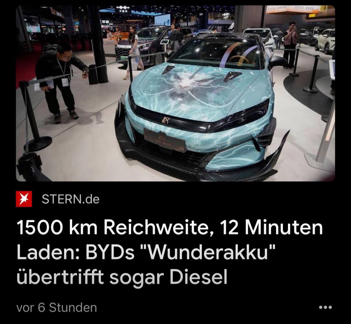 Aber China 😱

BYD mit einer Feststoffbatterie mit ca. 1 500 Kilometern Reichweite und 12 Minuten Ladezeit. Serienstart 2027